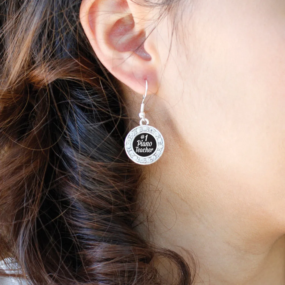 Silver #1 Piano Teacher Circle Charm Dangle Earrings