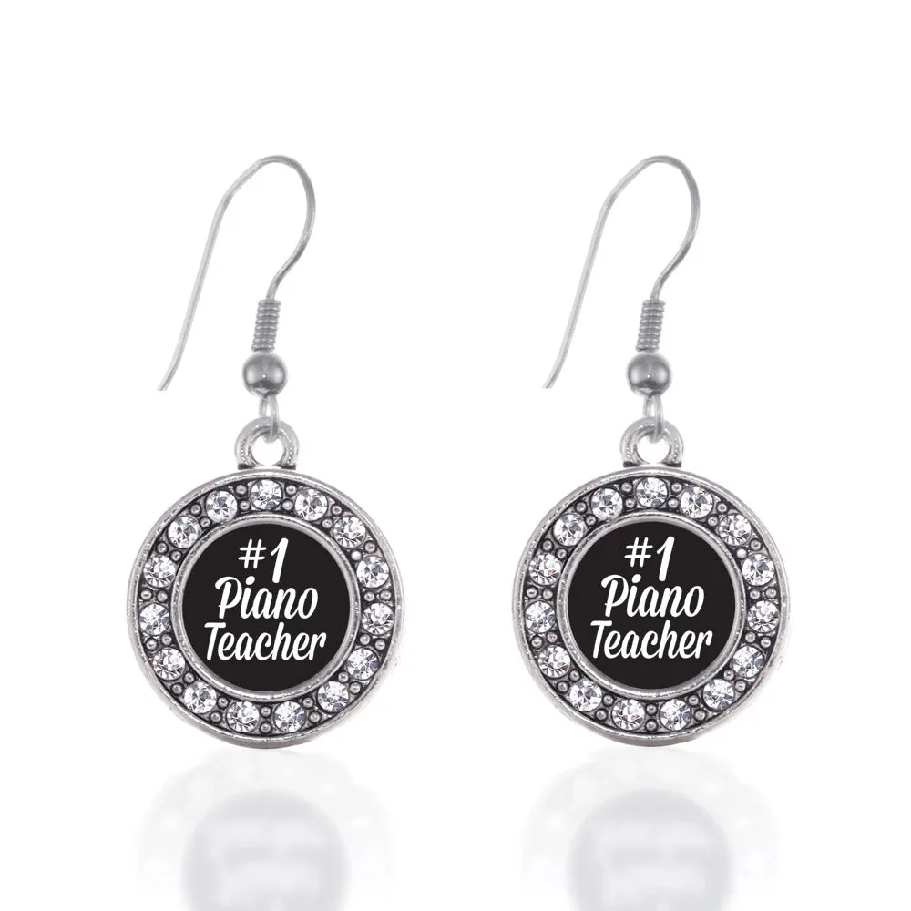 Silver #1 Piano Teacher Circle Charm Dangle Earrings