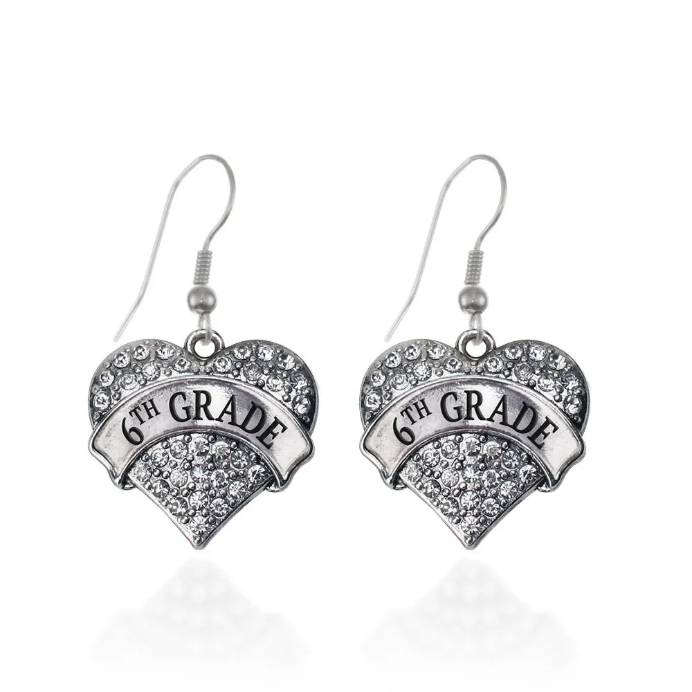 Silver 6th Grade Pave Heart Charm Dangle Earrings