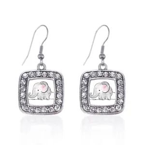 Silver Baby Elephant Square Charm Dangle Earrings