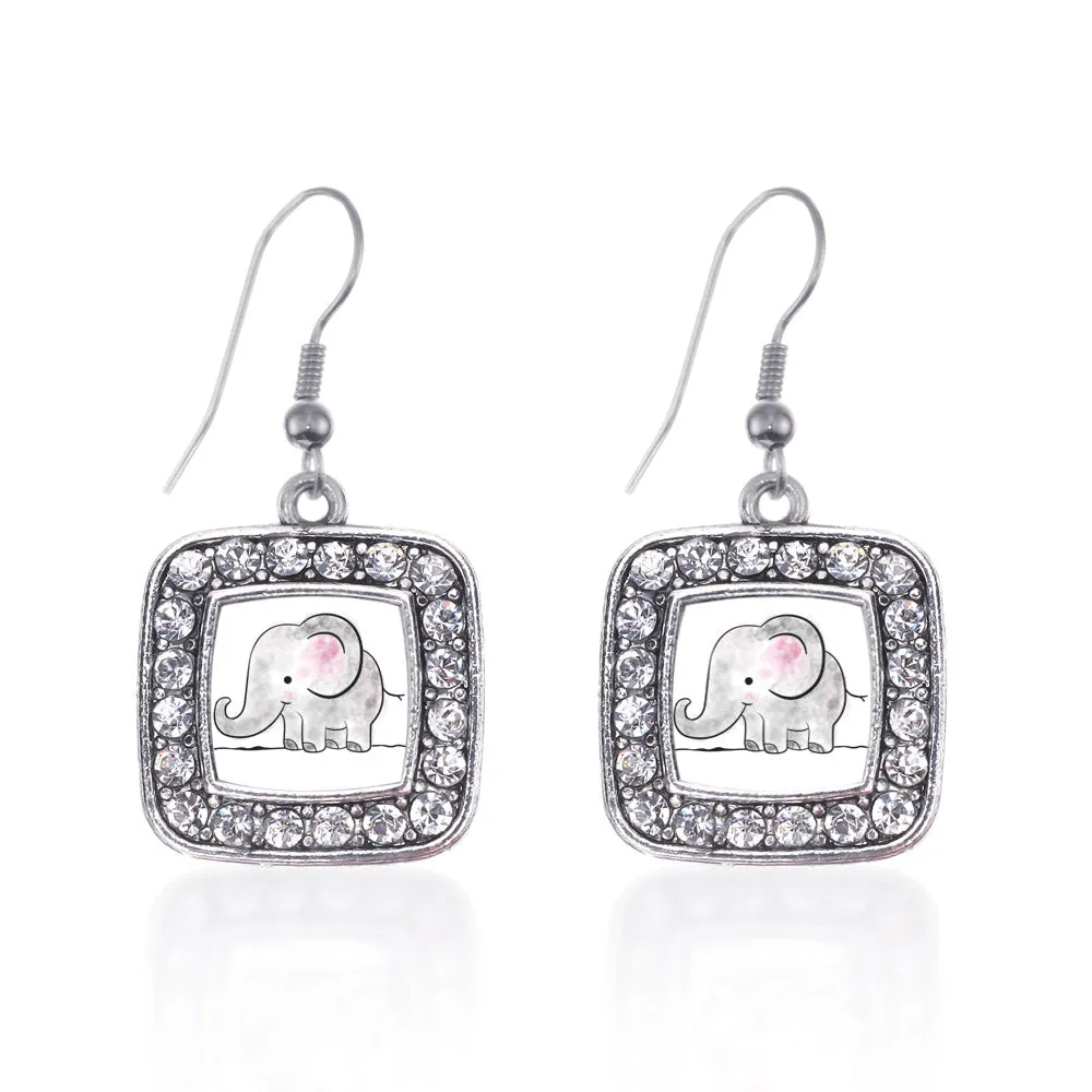 Silver Baby Elephant Square Charm Dangle Earrings