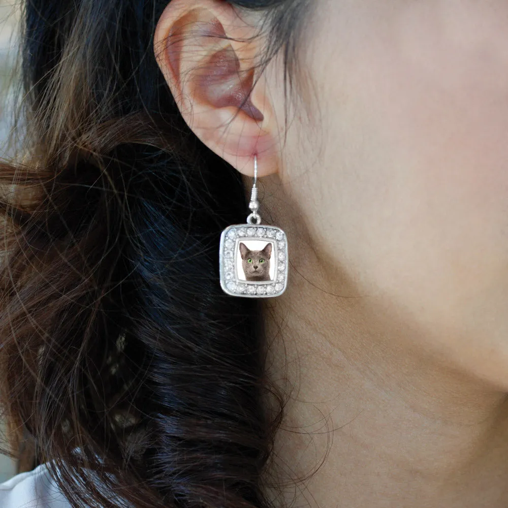 Silver Birman Cat Square Charm Dangle Earrings