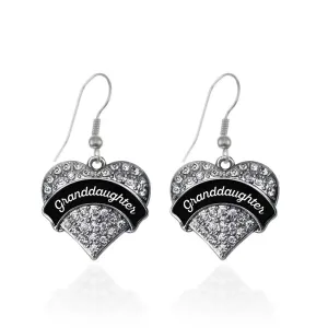 Silver Black and White Granddaughter Pave Heart Charm Dangle Earrings