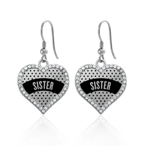 Silver Black Polka Dot Sister Open Heart Charm Dangle Earrings