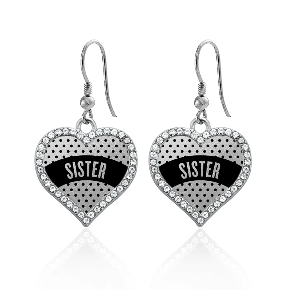 Silver Black Polka Dot Sister Open Heart Charm Dangle Earrings