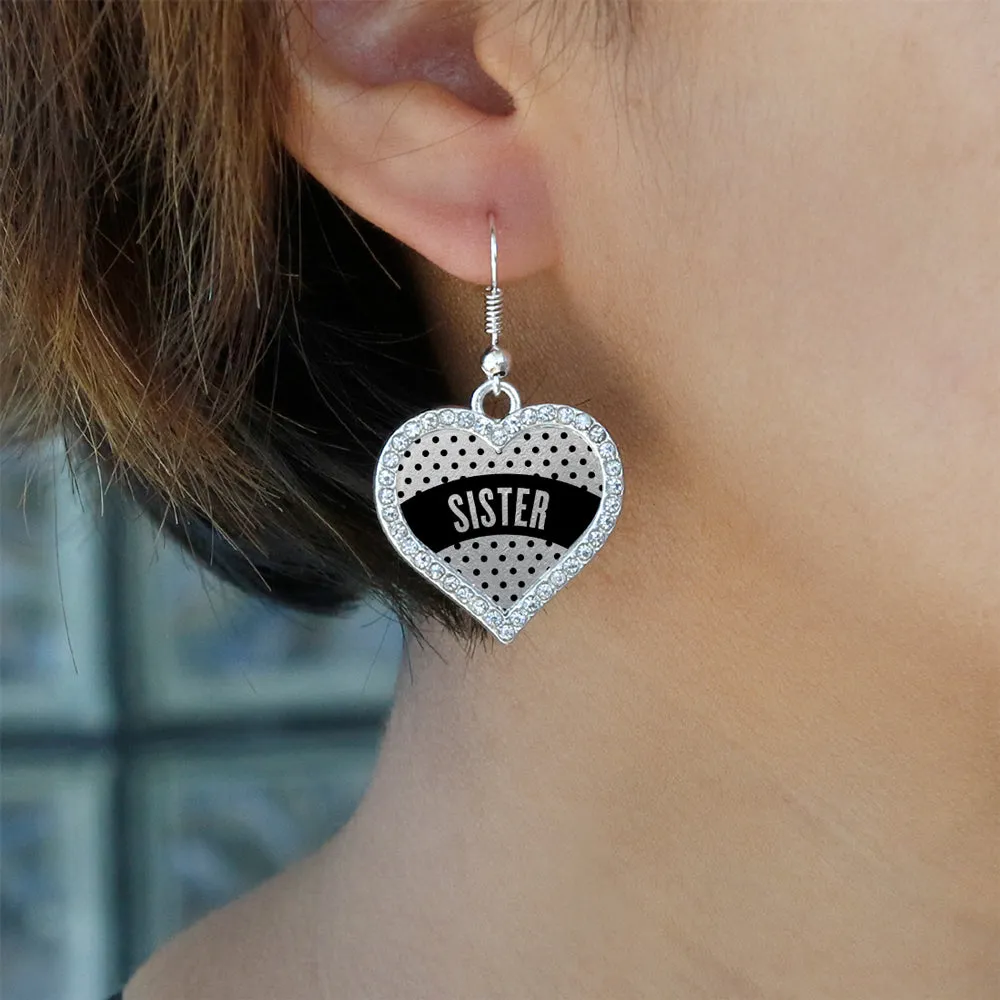 Silver Black Polka Dot Sister Open Heart Charm Dangle Earrings