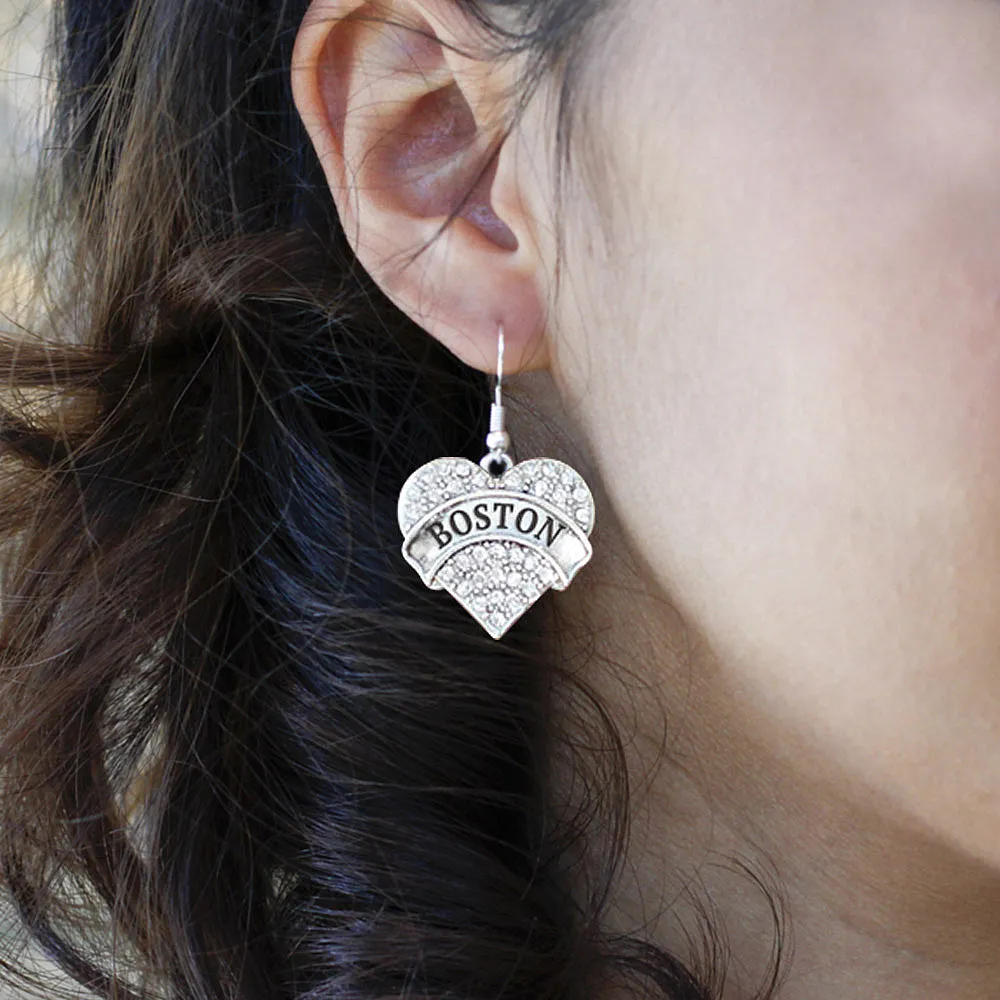 Silver Boston Pave Heart Charm Dangle Earrings