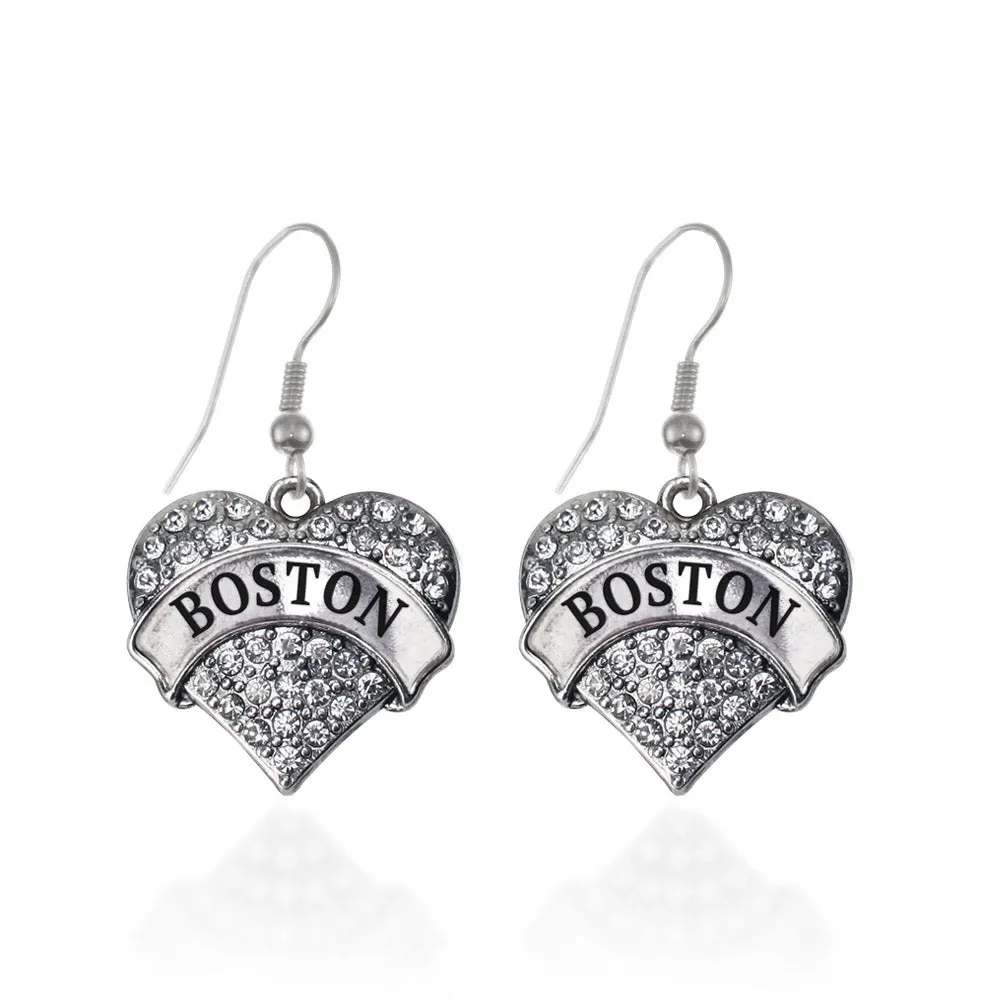 Silver Boston Pave Heart Charm Dangle Earrings