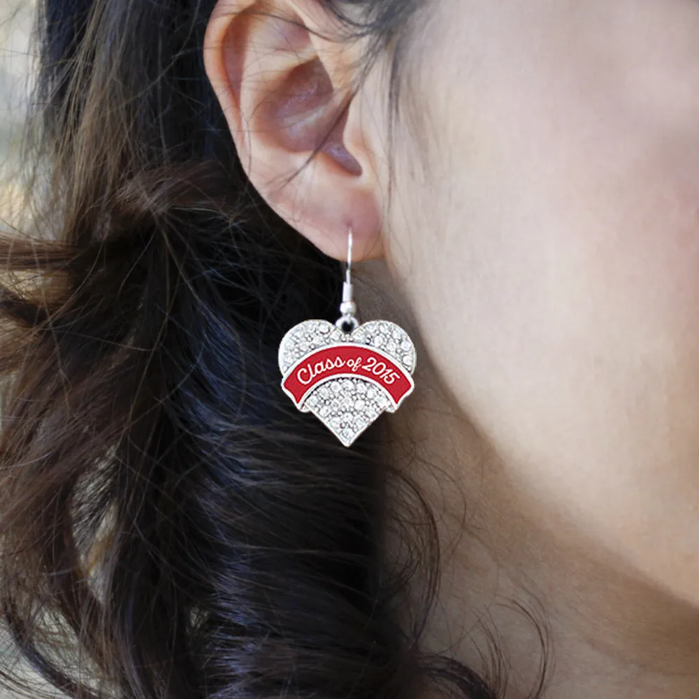 Silver Class of 2015 - Red Pave Heart Charm Dangle Earrings