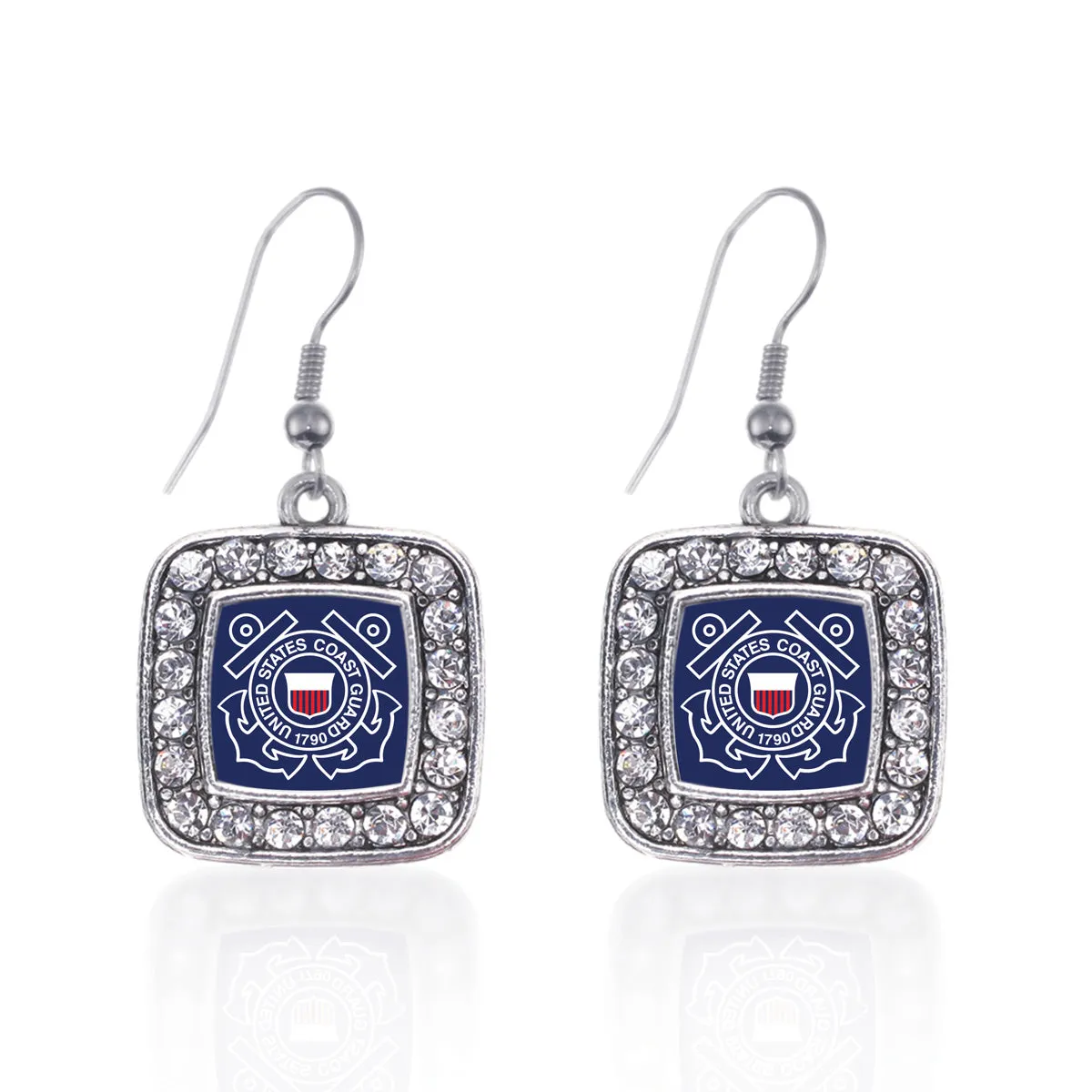 Silver Coast Guard Symbol Square Charm Dangle Earrings