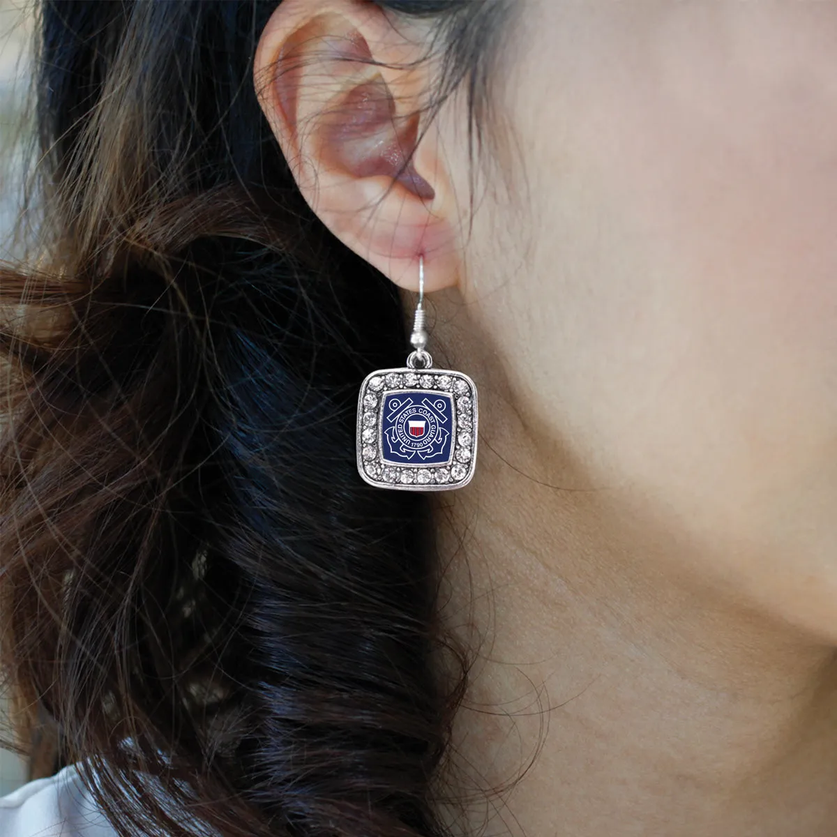 Silver Coast Guard Symbol Square Charm Dangle Earrings