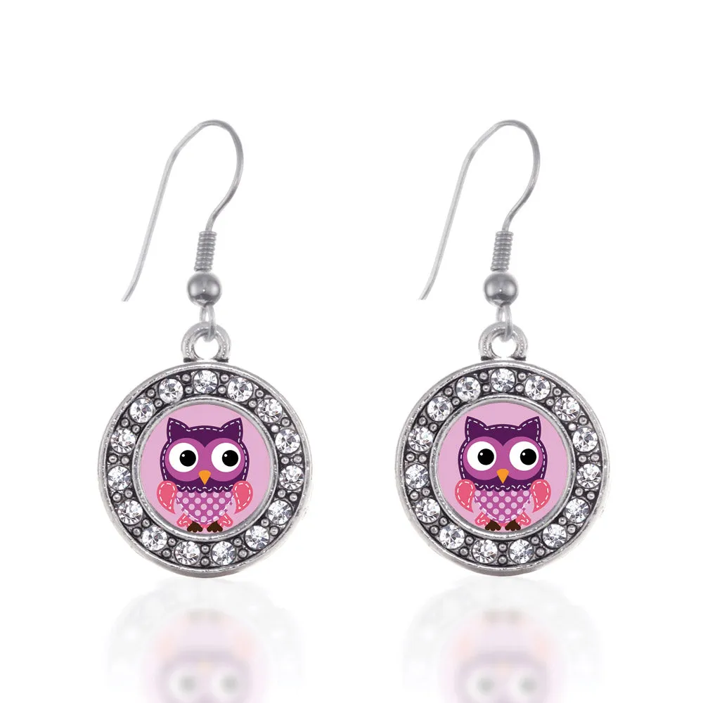 Silver Cute Owl Circle Charm Dangle Earrings