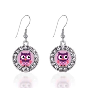 Silver Cute Owl Circle Charm Dangle Earrings