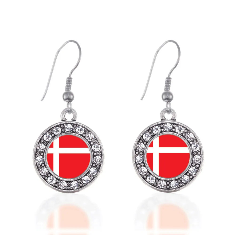 Silver Denmark Flag Circle Charm Dangle Earrings