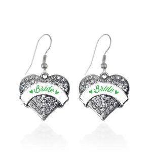 Silver Emerald Green Bride Pave Heart Charm Dangle Earrings