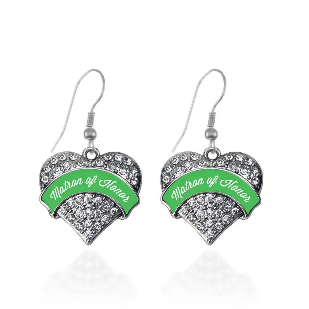 Silver Emerald Green Matron Pave Heart Charm Dangle Earrings