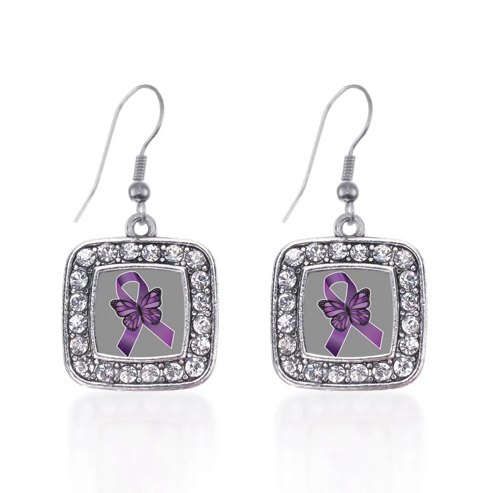 Silver Fibromyalgia Awareness Square Charm Dangle Earrings