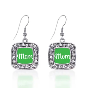 Silver Green Mom Square Charm Dangle Earrings