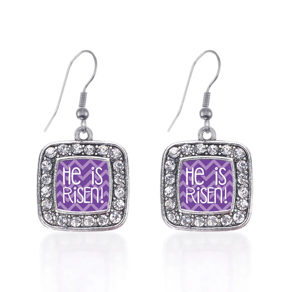 Silver He is Risen Purple Chevron Patterned Square Charm Dangle Earrings