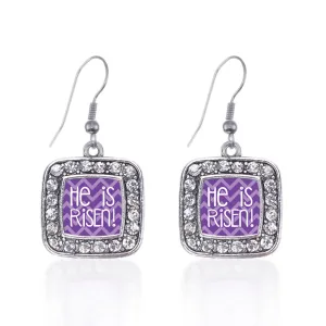 Silver He is Risen Purple Chevron Patterned Square Charm Dangle Earrings