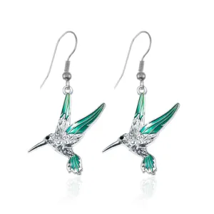 Silver Humming Bird Charm Dangle Earrings