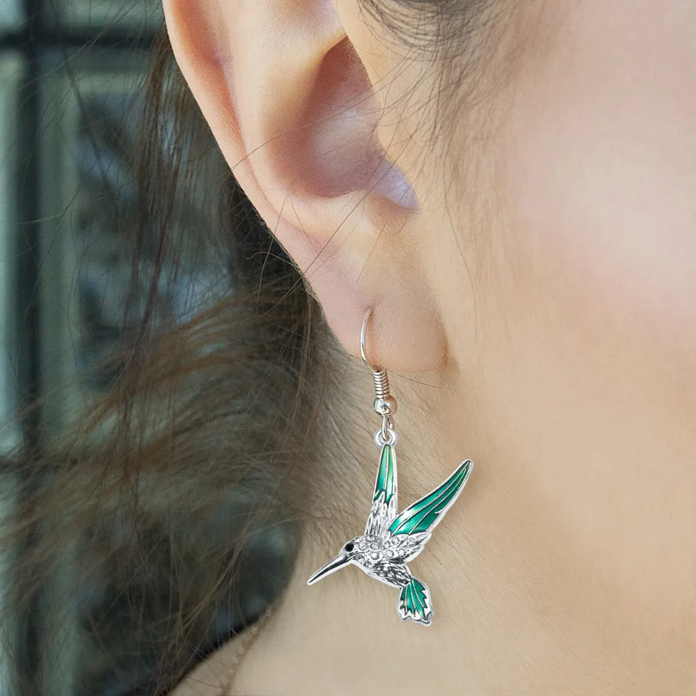 Silver Humming Bird Charm Dangle Earrings