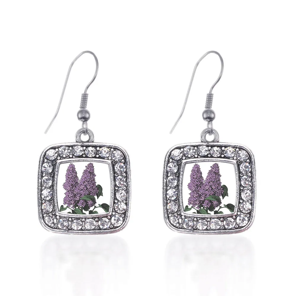 Silver Lilac Flower Square Charm Dangle Earrings