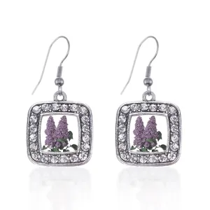 Silver Lilac Flower Square Charm Dangle Earrings