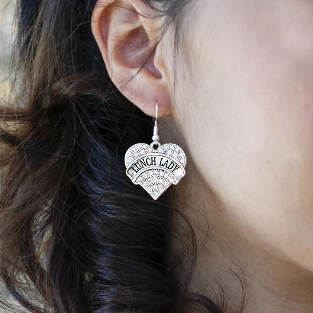 Silver Lunch Lady Pave Heart Charm Dangle Earrings