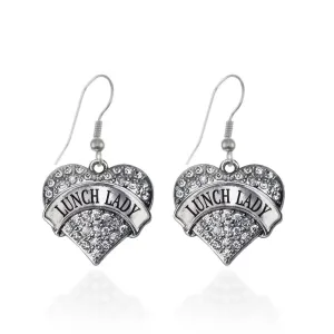 Silver Lunch Lady Pave Heart Charm Dangle Earrings