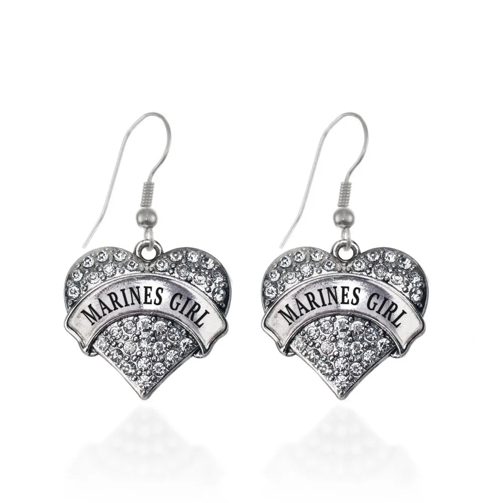 Silver Marines Girl Pave Heart Charm Dangle Earrings