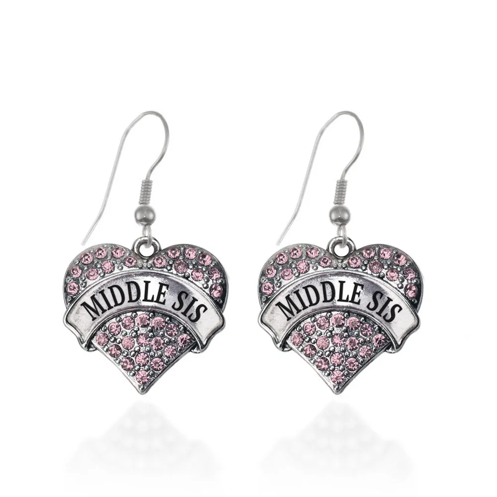 Silver Middle Sis Pink Pink Pave Heart Charm Dangle Earrings