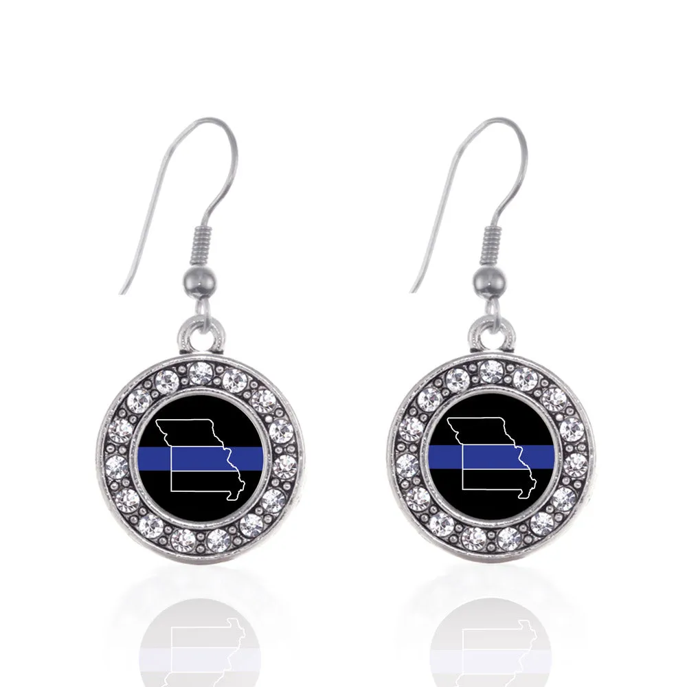 Silver Missouri Thin Blue Line Circle Charm Dangle Earrings