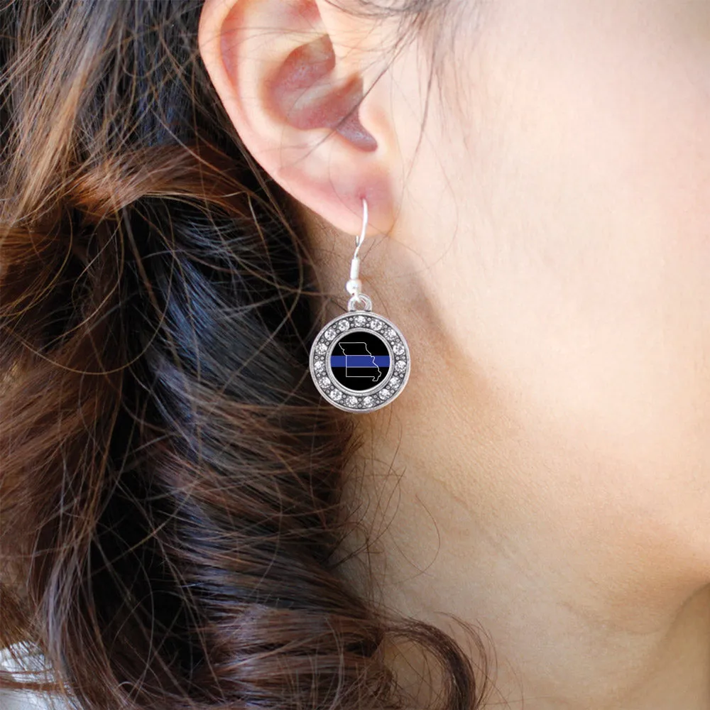 Silver Missouri Thin Blue Line Circle Charm Dangle Earrings