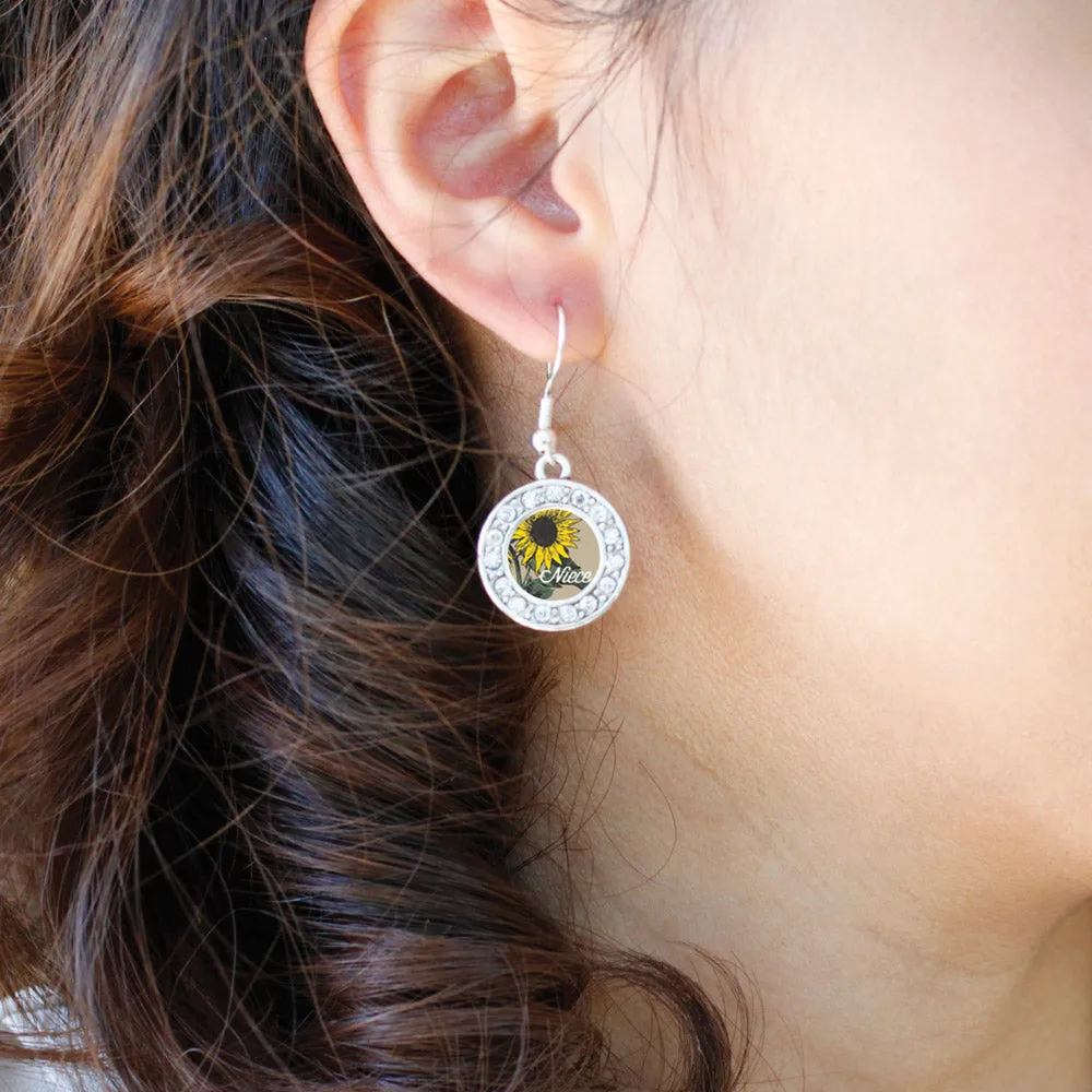 Silver Niece Sunflower Circle Charm Dangle Earrings