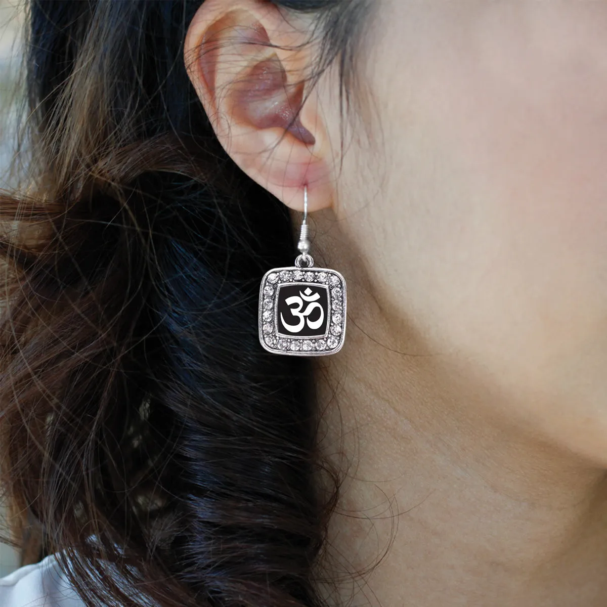 Silver OM - Black and White Square Charm Dangle Earrings