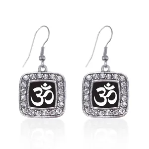 Silver OM - Black and White Square Charm Dangle Earrings