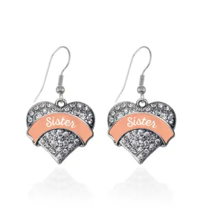 Silver Peach Sister Pave Heart Charm Dangle Earrings