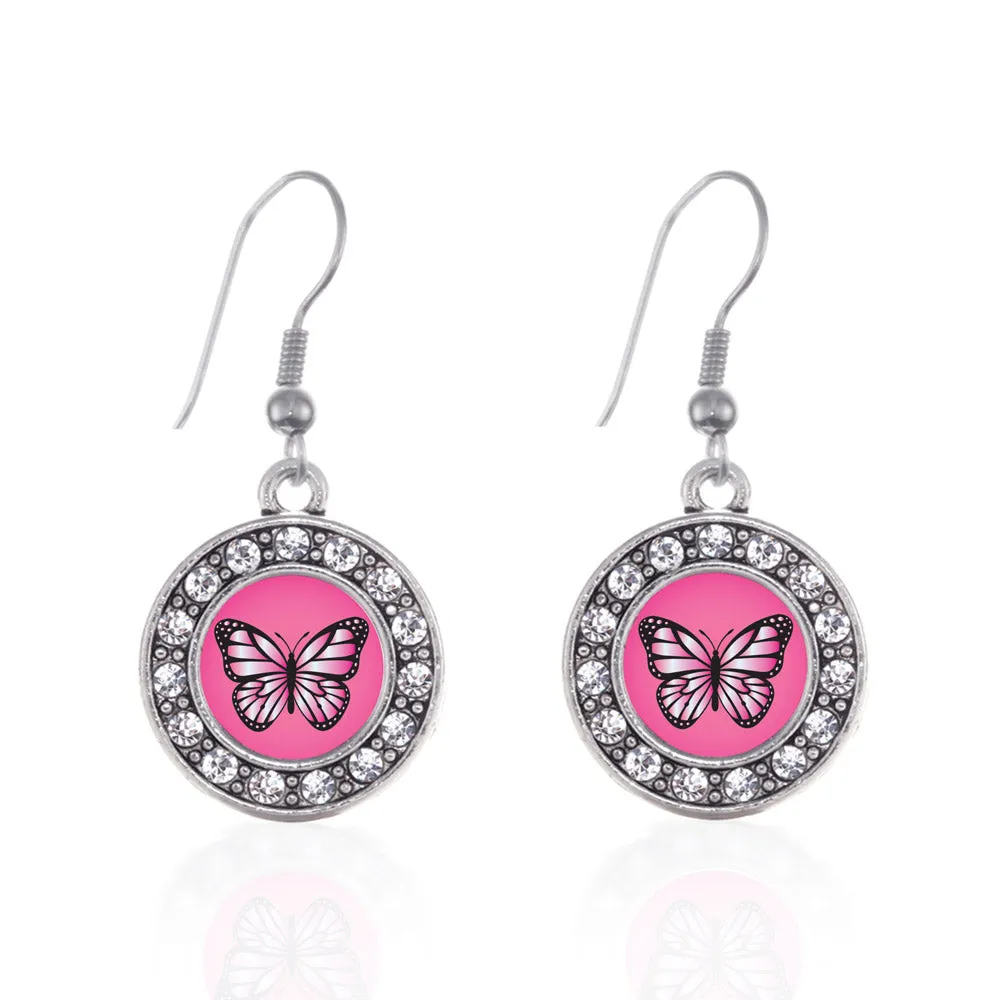 Silver Pink Butterfly Circle Charm Dangle Earrings