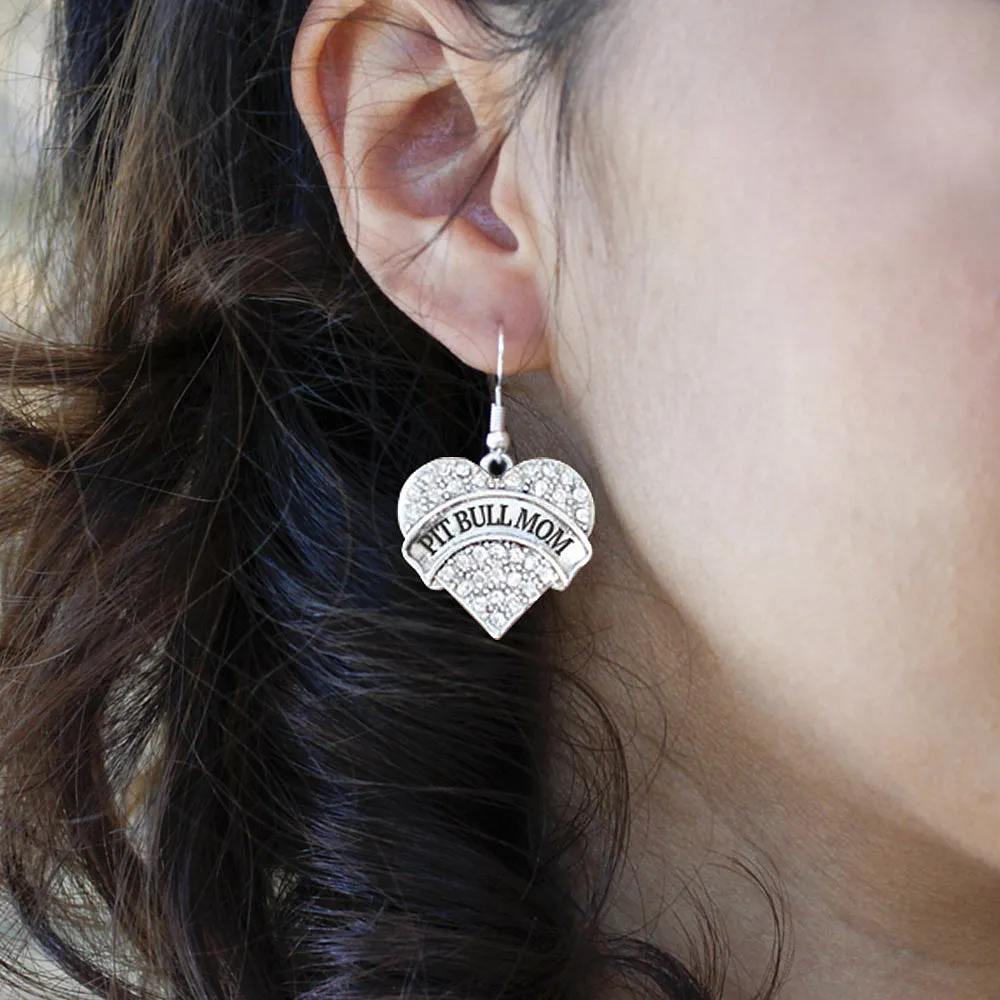 Silver Pit Bull Mom Pave Heart Charm Dangle Earrings