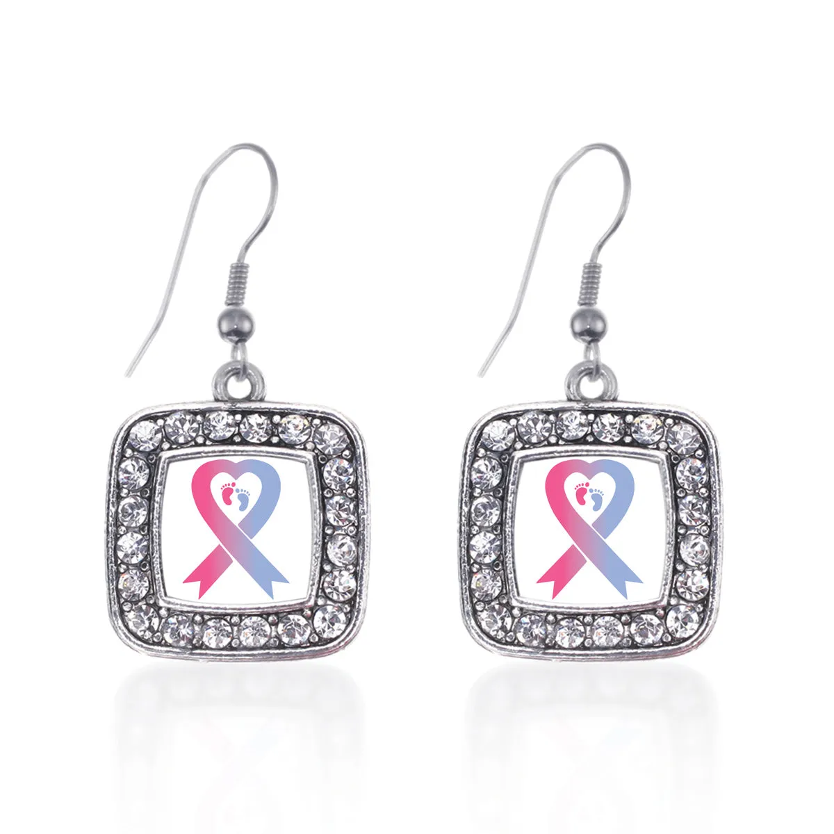 Silver Pro-Life Ribbon Square Charm Dangle Earrings