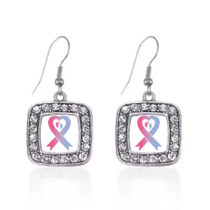 Silver Pro-Life Ribbon Square Charm Dangle Earrings