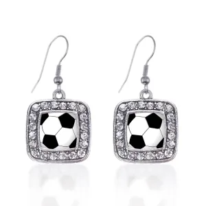 Silver Soccer Square Charm Dangle Earrings