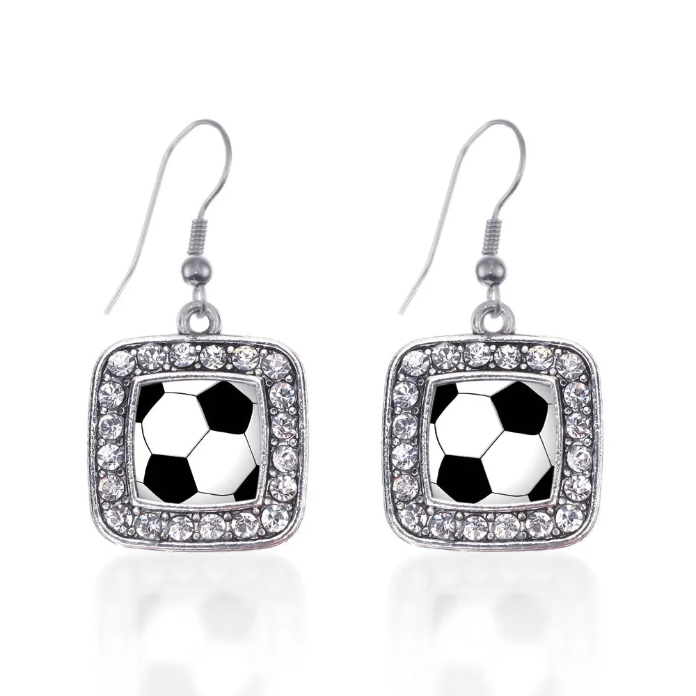 Silver Soccer Square Charm Dangle Earrings