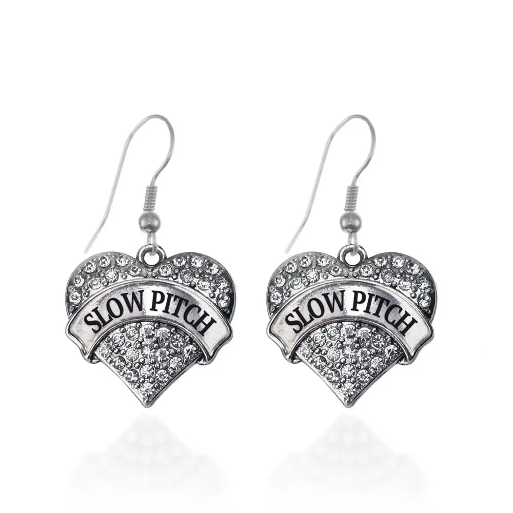 Silver Softball Coach Pave Heart Charm Dangle Earrings