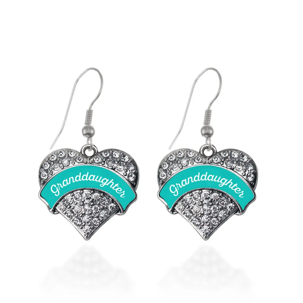 Silver Teal Granddaughter Pave Heart Charm Dangle Earrings