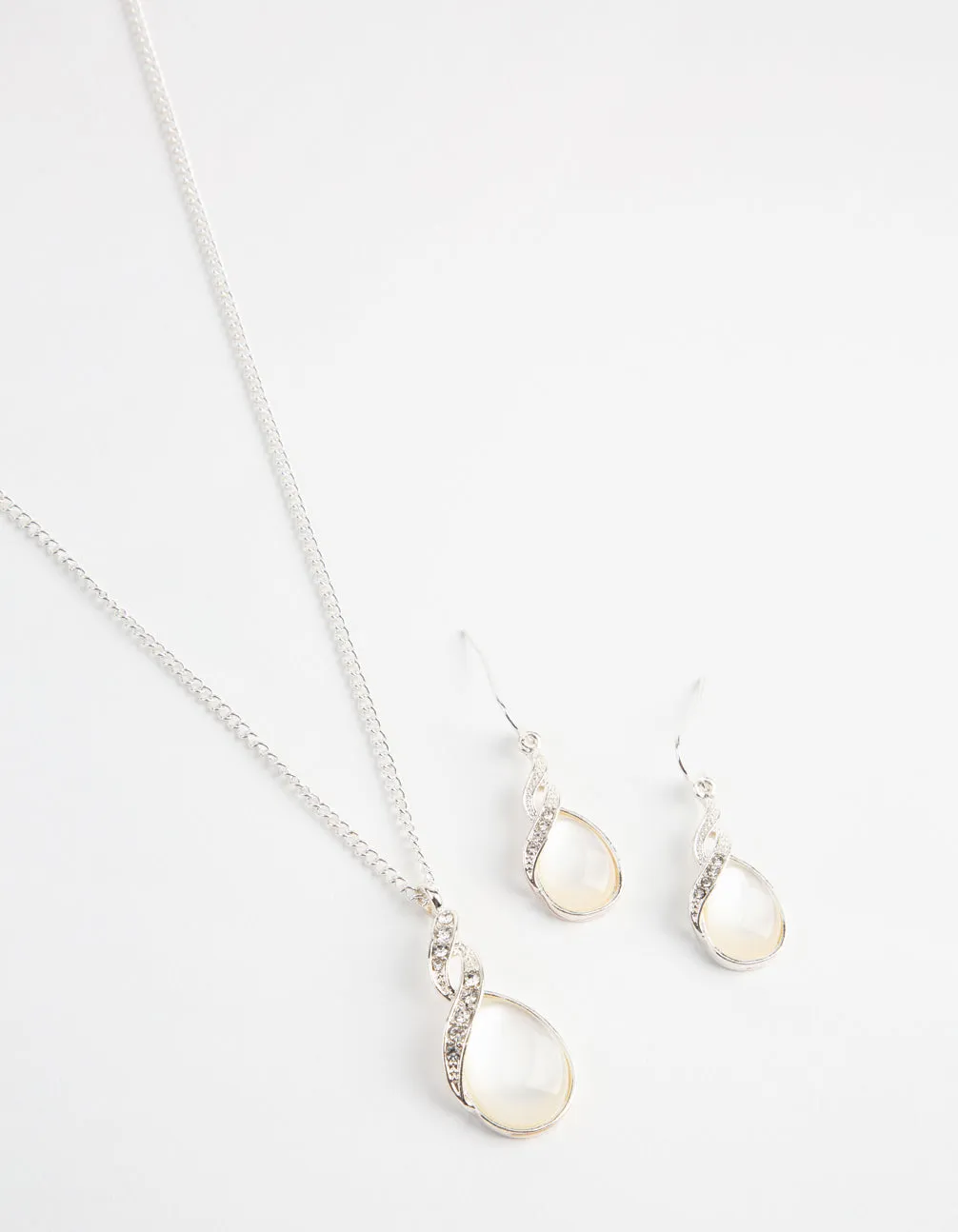 Silver Teardrop Cat Eye Necklace & Earrings Set