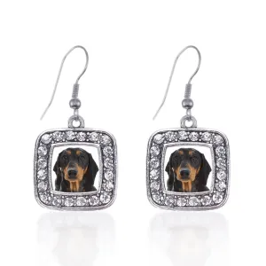 Silver The Dachshund Square Charm Dangle Earrings