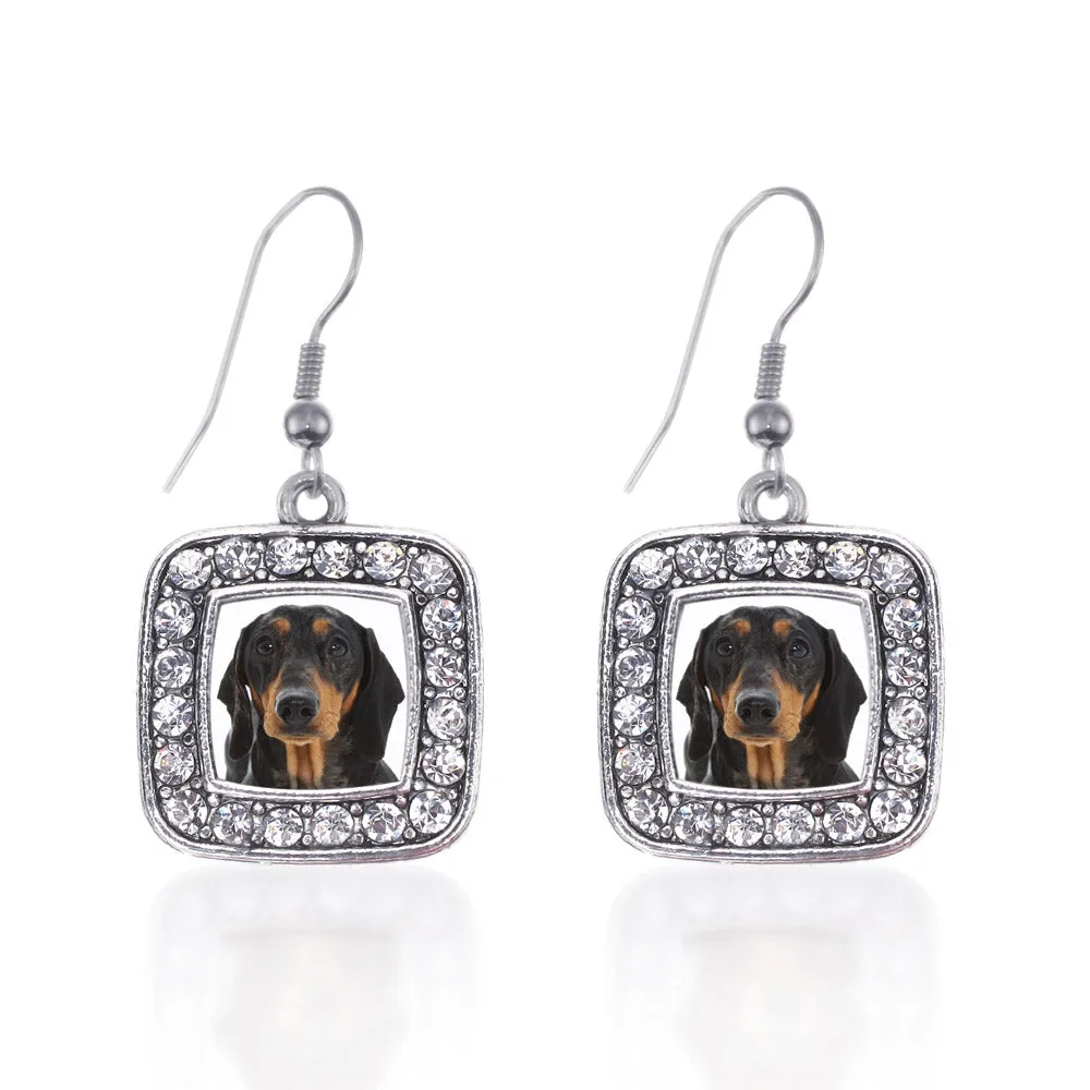 Silver The Dachshund Square Charm Dangle Earrings