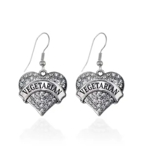 Silver Vegetarian Pave Heart Charm Dangle Earrings